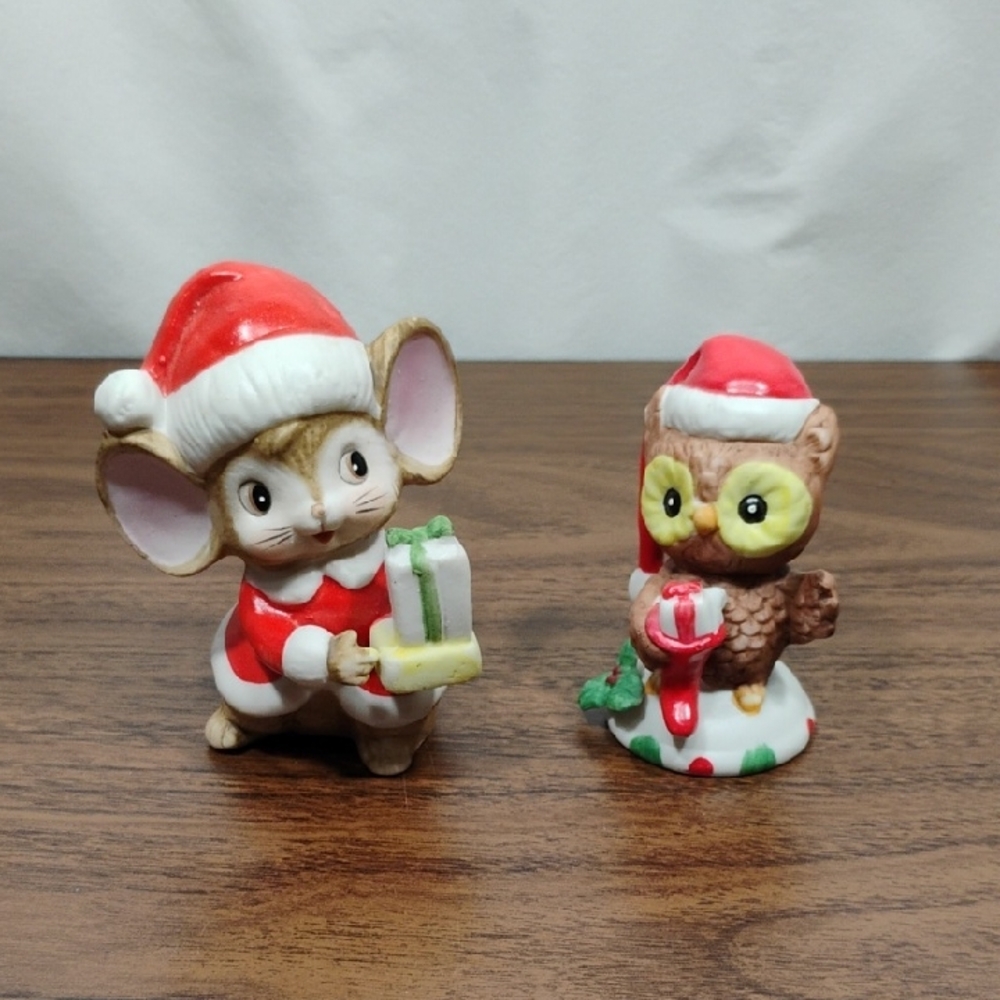 Pair Of Vintage Homco Christmas Figurines Mouse And Owl Made In Taiwan